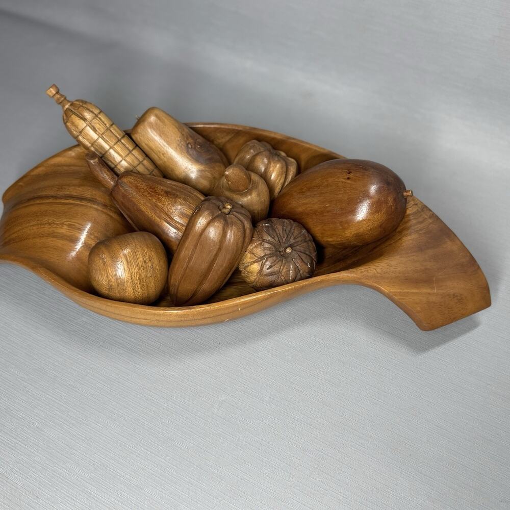 Vintage Retro MCM Carved Bowl Wooden Vegetable Fruit 10 Piece Set Fall Cottage - Picture 2 of 16
